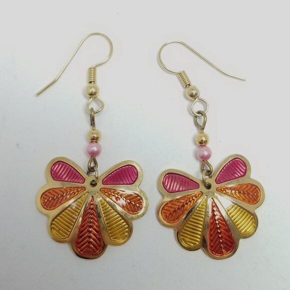 Berebi Jewelry - Vintage Berebi Bright Orange Yellow Pink Enamel Dangle Earrings, Colorful Retro